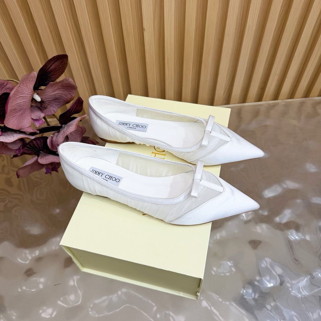 JIMMY CHOO 26S FLATS IN WHITE MESH AND SATIN