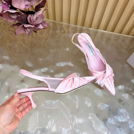 JIMMY CHOO 26S SLINGBACK HEELS 60 MM IN LIGHT PINK SATIN WITH KNOT DETAIL