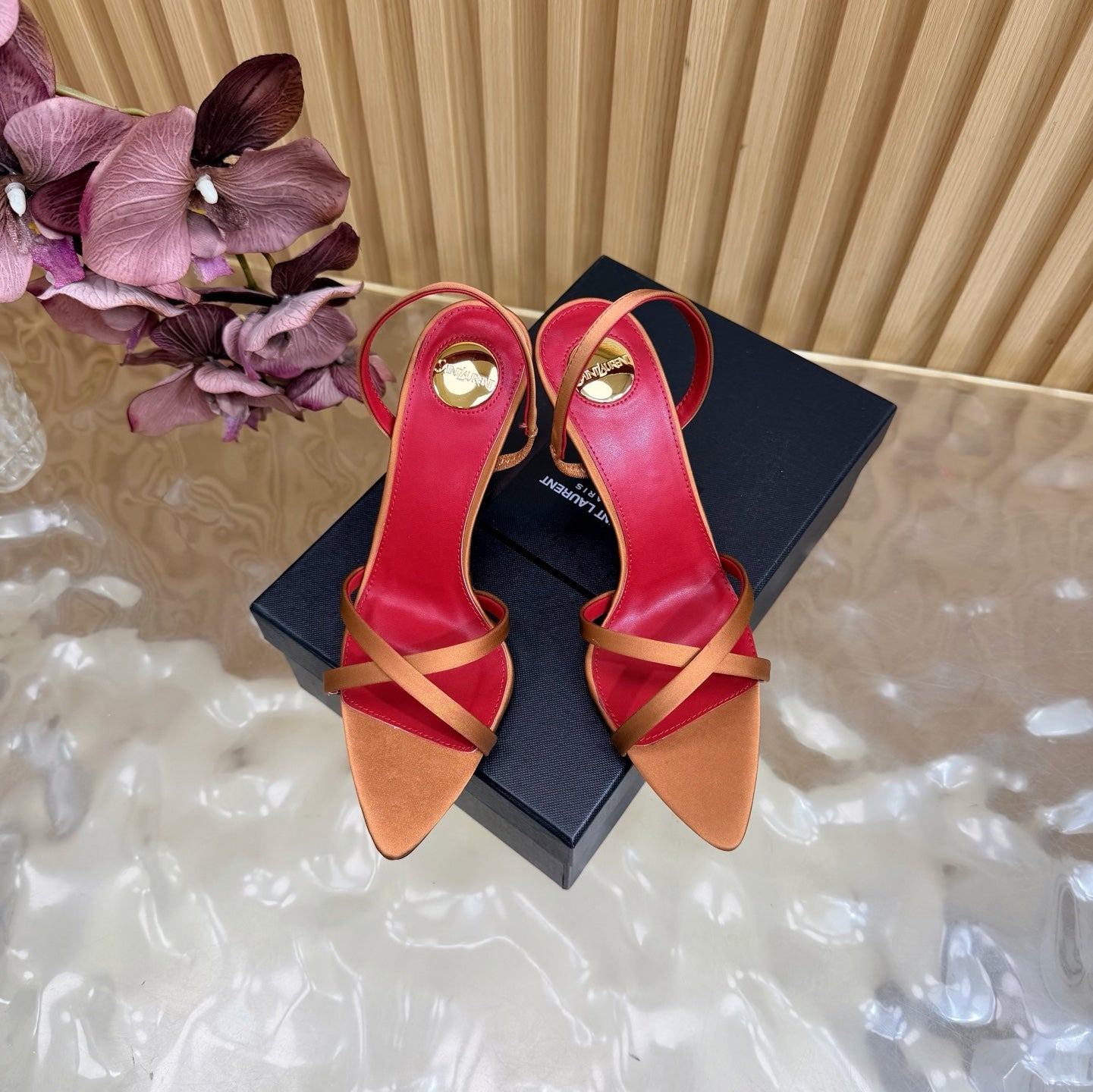 YSL 26S HIGH-HEELED SANDALS 90 MM IN COPPER ORANGE SATIN