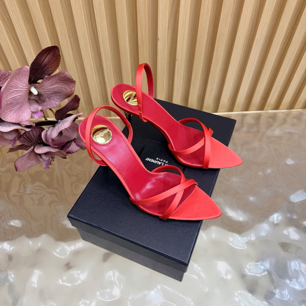 YSL 26S HIGH-HEELED SANDALS 90 MM IN RED SATIN