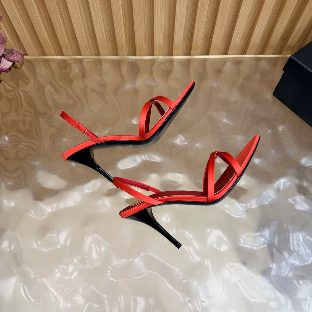 YSL 26S HIGH-HEELED SANDALS 90 MM IN RED SATIN
