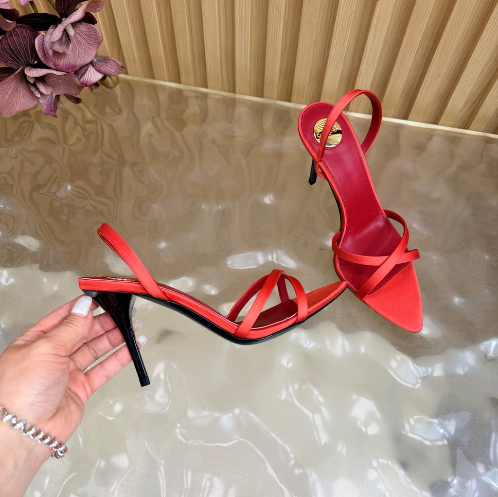 YSL 26S HIGH-HEELED SANDALS 90 MM IN RED SATIN