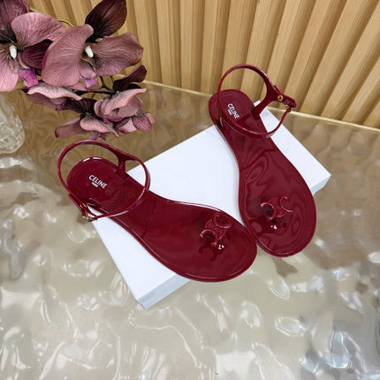 CELINE 26S TRIOMPHE JELLY THONG SANDALS IN BURGUNDY RED TPU GOLD HARDWARE