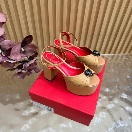 VALENTINO 26S PLATFORM SANDALS 110 MM IN DARK BEIGE GATHERED CALFSKIN