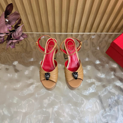 VALENTINO 26S PLATFORM SANDALS 110 MM IN DARK BEIGE GATHERED CALFSKIN