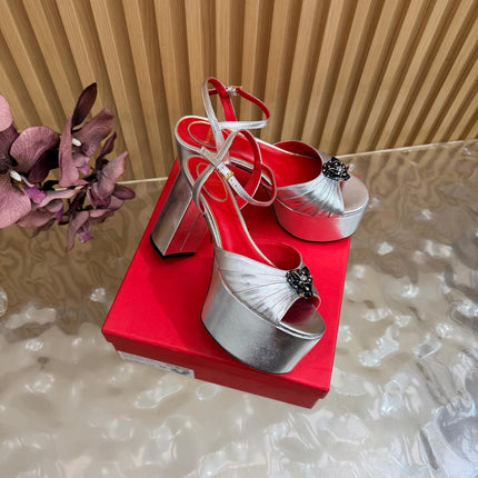 VALENTINO 26S PLATFORM SANDALS 110 MM IN SILVER GATHERED CALFSKIN