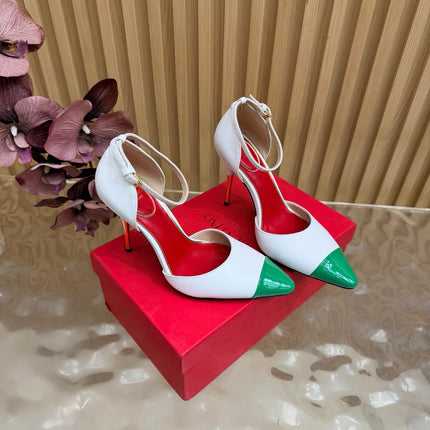 VALENTINO 26S ANKLE-STRA PUMPS 100 MM IN WHITE AND GREEN CALFSKIN