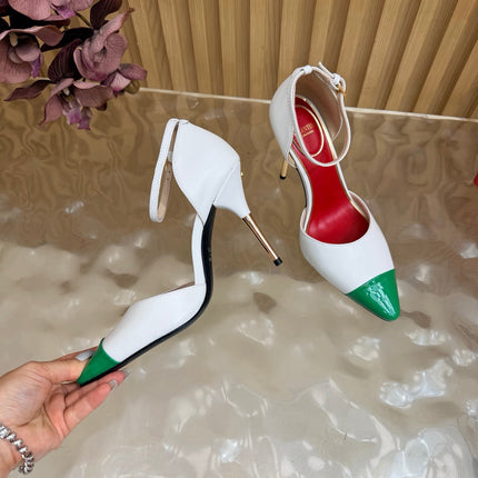 VALENTINO 26S ANKLE-STRA PUMPS 100 MM IN WHITE AND GREEN CALFSKIN