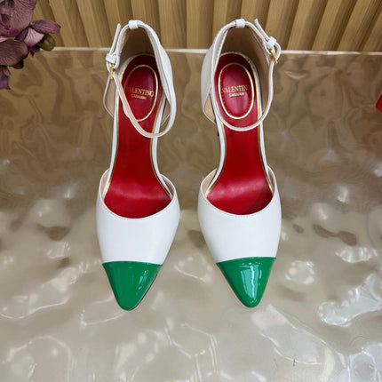 VALENTINO 26S ANKLE-STRA PUMPS 100 MM IN WHITE AND GREEN CALFSKIN