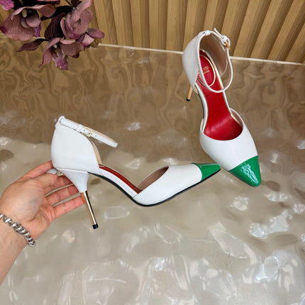 VALENTINO 26S ANKLE-STRA PUMPS 100 MM IN WHITE AND GREEN CALFSKIN