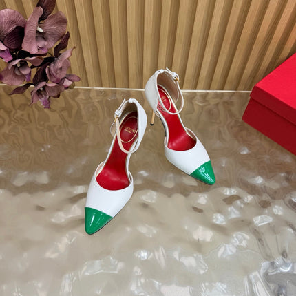 VALENTINO 26S ANKLE-STRA PUMPS 100 MM IN WHITE AND GREEN CALFSKIN
