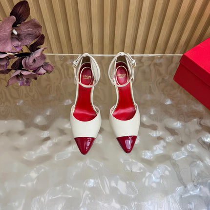 VALENTINO 26S ANKLE-STRA PUMPS 100 MM IN OFF-WHITE AND RED CALFSKIN