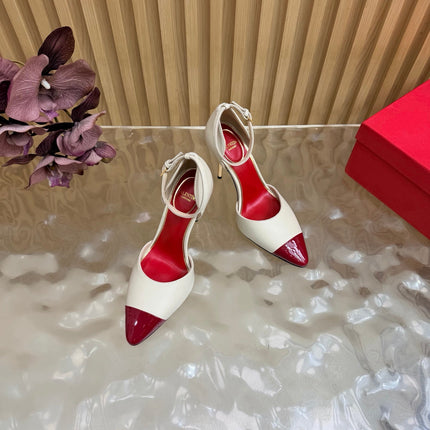 VALENTINO 26S ANKLE-STRA PUMPS 100 MM IN OFF-WHITE AND RED CALFSKIN