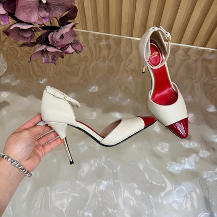 VALENTINO 26S ANKLE-STRA PUMPS 100 MM IN OFF-WHITE AND RED CALFSKIN