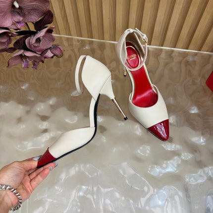 VALENTINO 26S ANKLE-STRA PUMPS 100 MM IN OFF-WHITE AND RED CALFSKIN