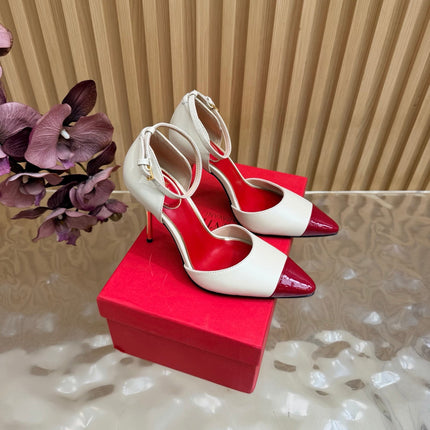 VALENTINO 26S ANKLE-STRA PUMPS 100 MM IN OFF-WHITE AND RED CALFSKIN