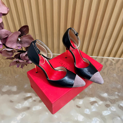 VALENTINO 26S ANKLE-STRA PUMPS 100 MM IN BLACK CALFSKIN AND GREY SUEDE 