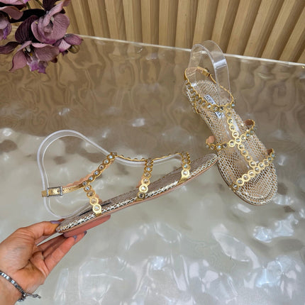 AQUAZZURA 26S FLAT SANDALS IN GOLD SNAKESKIN CRYSTAL EMBELLISHED