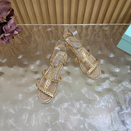 AQUAZZURA 26S FLAT SANDALS IN GOLD SNAKESKIN CRYSTAL EMBELLISHED
