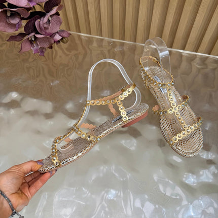 AQUAZZURA 26S FLAT SANDALS IN GOLD SNAKESKIN CRYSTAL EMBELLISHED
