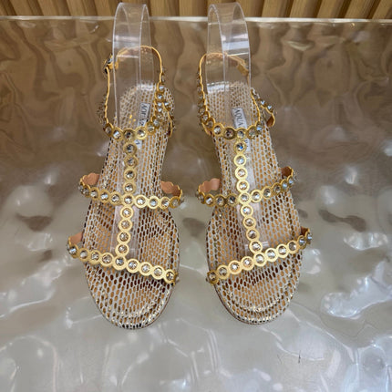AQUAZZURA 26S FLAT SANDALS IN GOLD SNAKESKIN CRYSTAL EMBELLISHED