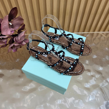AQUAZZURA 26S FLAT SANDALS IN BRONZE METALLIC SNAKESKIN CRYSTAL EMBELLISHED