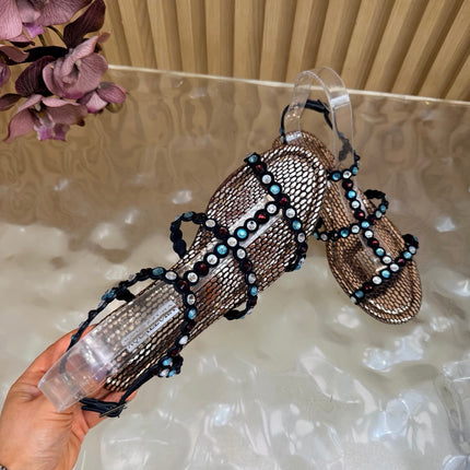 AQUAZZURA 26S FLAT SANDALS IN BRONZE METALLIC SNAKESKIN CRYSTAL EMBELLISHED