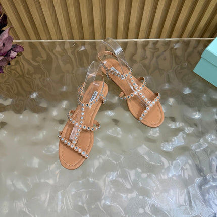 AQUAZZURA 26S FLAT SANDALS IN NUDE CALFKSIN CRYSTAL EMBELLISHED