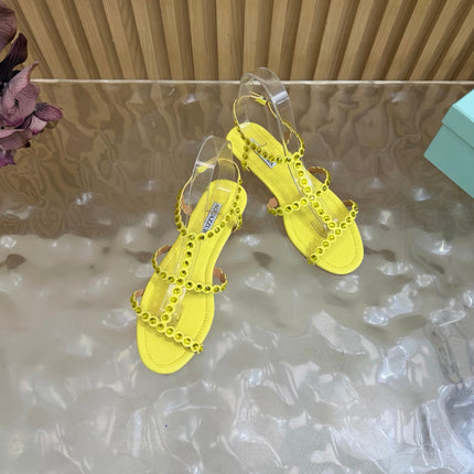 AQUAZZURA 26S FLAT SANDALS IN YELLOW CALFKSIN CRYSTAL EMBELLISHED