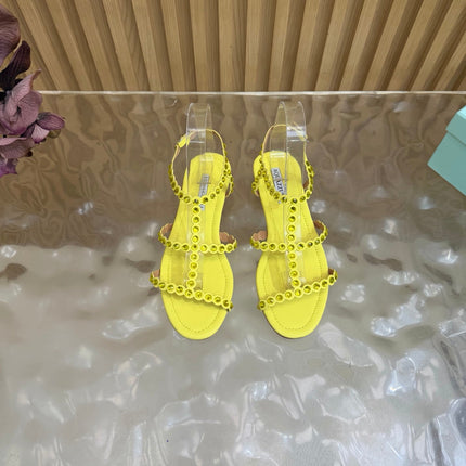 AQUAZZURA 26S FLAT SANDALS IN YELLOW CALFKSIN CRYSTAL EMBELLISHED