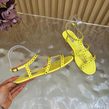 AQUAZZURA 26S FLAT SANDALS IN YELLOW CALFKSIN CRYSTAL EMBELLISHED