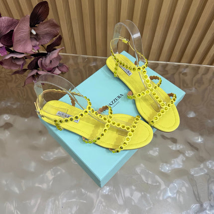AQUAZZURA 26S FLAT SANDALS IN YELLOW CALFKSIN CRYSTAL EMBELLISHED