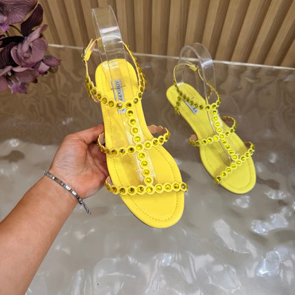 AQUAZZURA 26S FLAT SANDALS IN YELLOW CALFKSIN CRYSTAL EMBELLISHED