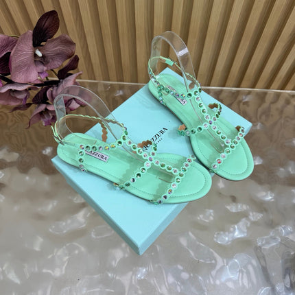 AQUAZZURA 26S FLAT SANDALS IN MINT GREEN CALFKSIN CRYSTAL EMBELLISHED