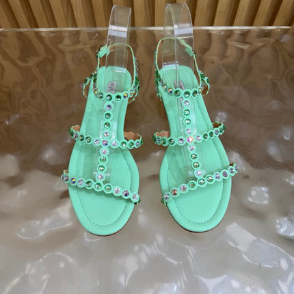 AQUAZZURA 26S FLAT SANDALS IN MINT GREEN CALFKSIN CRYSTAL EMBELLISHED
