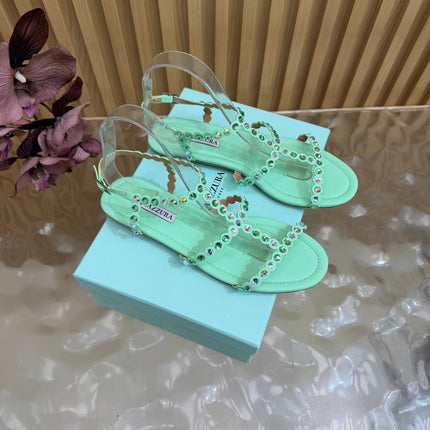 AQUAZZURA 26S FLAT SANDALS IN MINT GREEN CALFKSIN CRYSTAL EMBELLISHED