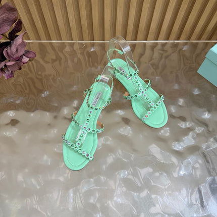 AQUAZZURA 26S FLAT SANDALS IN MINT GREEN CALFKSIN CRYSTAL EMBELLISHED