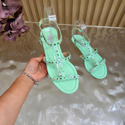 AQUAZZURA 26S FLAT SANDALS IN MINT GREEN CALFKSIN CRYSTAL EMBELLISHED
