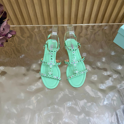 AQUAZZURA 26S FLAT SANDALS IN MINT GREEN CALFKSIN CRYSTAL EMBELLISHED