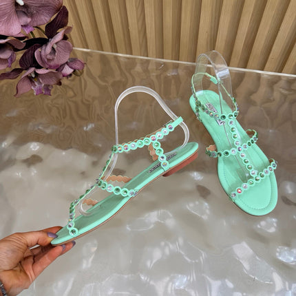 AQUAZZURA 26S FLAT SANDALS IN MINT GREEN CALFKSIN CRYSTAL EMBELLISHED