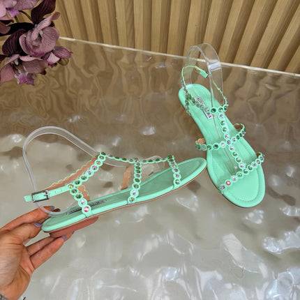 AQUAZZURA 26S FLAT SANDALS IN MINT GREEN CALFKSIN CRYSTAL EMBELLISHED