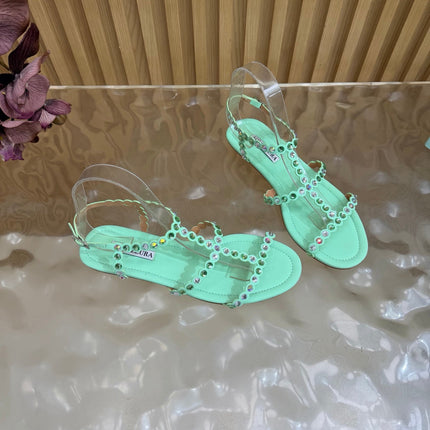 AQUAZZURA 26S FLAT SANDALS IN MINT GREEN CALFKSIN CRYSTAL EMBELLISHED