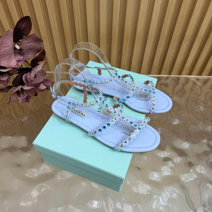 AQUAZZURA 26S FLAT SANDALS IN LIGHT BLUE CALFKSIN CRYSTAL EMBELLISHED