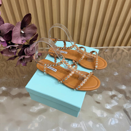 AQUAZZURA 26S FLAT SANDALS IN LIGHT BROWN CALFKSIN CRYSTAL EMBELLISHED