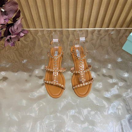 AQUAZZURA 26S FLAT SANDALS IN LIGHT BROWN CALFKSIN CRYSTAL EMBELLISHED