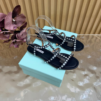 AQUAZZURA 26S FLAT SANDALS IN BLACK CALFKSIN CRYSTAL EMBELLISHED
