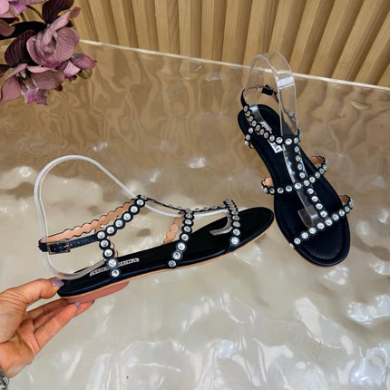 AQUAZZURA 26S FLAT SANDALS IN BLACK CALFKSIN CRYSTAL EMBELLISHED