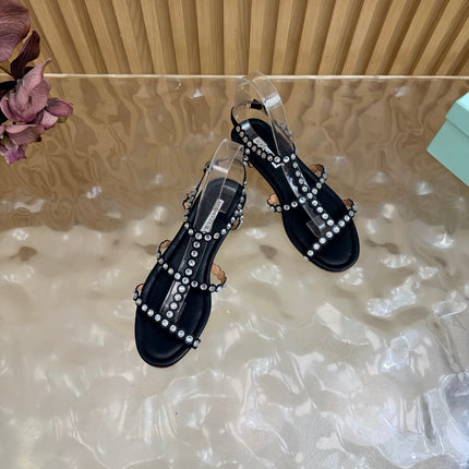 AQUAZZURA 26S FLAT SANDALS IN BLACK CALFKSIN CRYSTAL EMBELLISHED