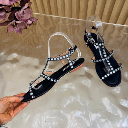 AQUAZZURA 26S FLAT SANDALS IN BLACK CALFKSIN CRYSTAL EMBELLISHED