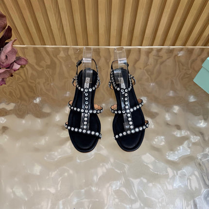 AQUAZZURA 26S FLAT SANDALS IN BLACK CALFKSIN CRYSTAL EMBELLISHED